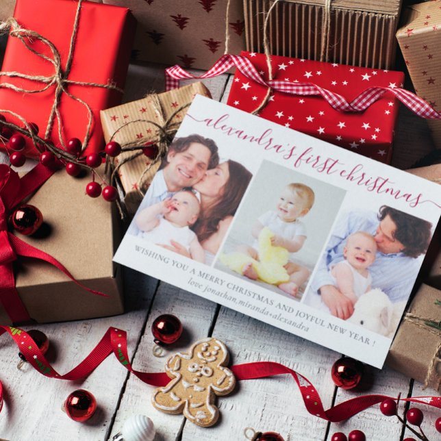 Simple Baby First Christmas Photo Collage Red Holiday Card (Creator Uploaded)
