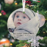 Simple Baby 'My First Christmas' Photo Keepsake  Glass Ornament<br><div class="desc">Create a baby's first christmas ornament with this simple modern template. Design features a photo of your choice,  a white overlay banner with the text 'MY FIRST CHRISTMAS' and the baby's name.</div>