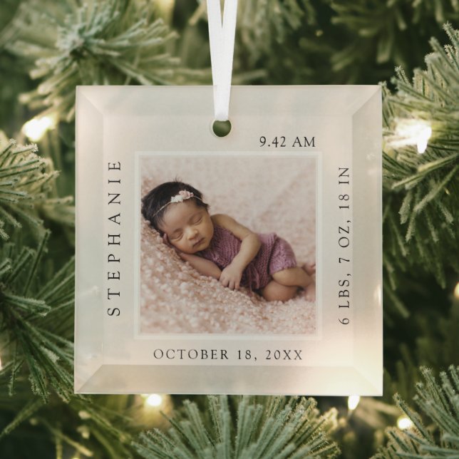 Simple Baby Name & Birth Stats Photo Keepsake Glass Ornament (Insitu)