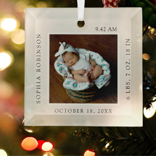 Simple Baby Name & Birth Stats Photo Keepsake Glass Ornament