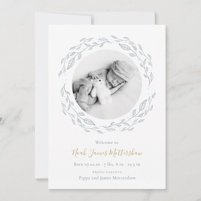 Simple Baby Photo Botanical Garland Boy Birth  Announcement (Front)
