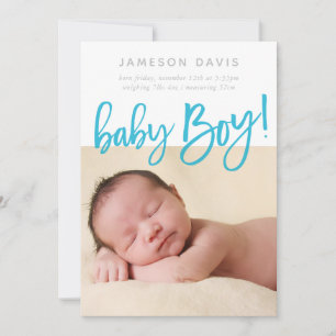 SIMPLE BABY PHOTO modern boy aqua script lettering Announcement