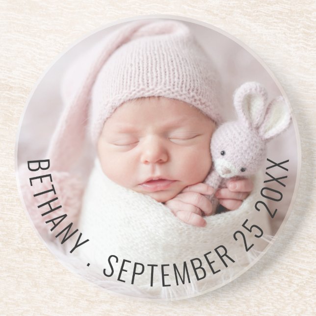 Simple Baby Photo Name Birth Date Coaster (Front)