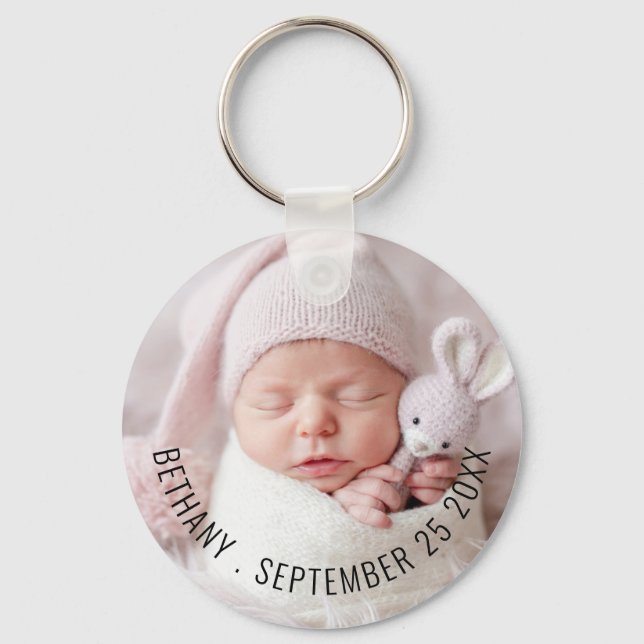 Simple Baby Photo Name Date of Birth Announcement Keychain (Front)