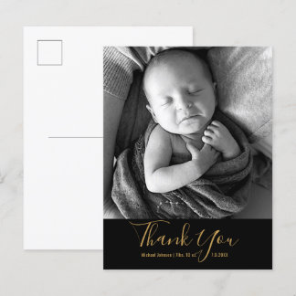 Simple Baby Photo Thank You Gold Script Birth Announcement Postcard