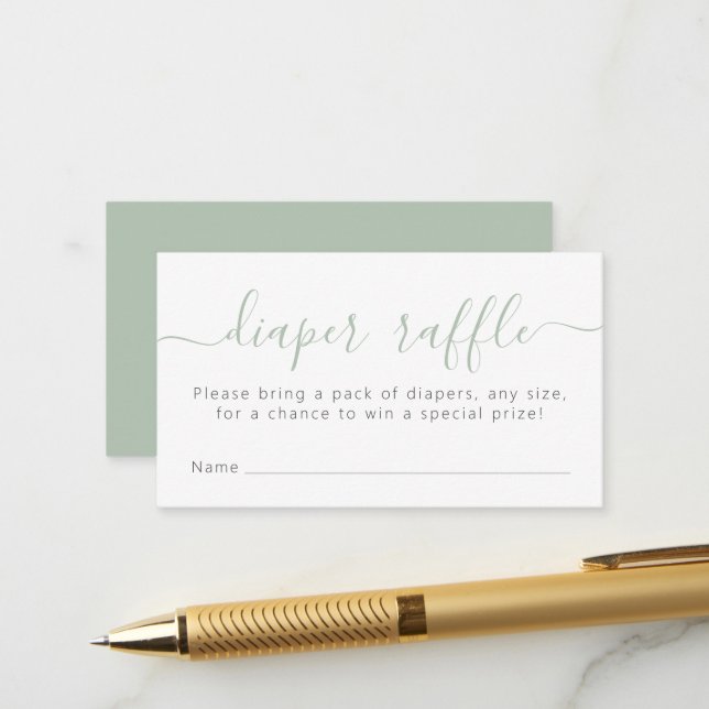 Simple Baby Shower Diaper Raffle Ticket Green Enclosure Card (Front/Back In Situ)