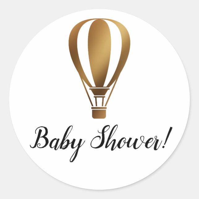 Simple Baby Shower w/ Smooth Gold Hot Air Balloon Classic Round Sticker (Front)