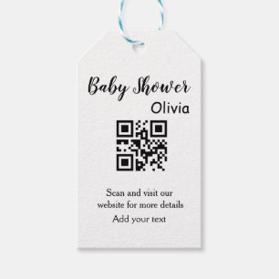 Simple baby shower website barcode QR add name det Gift Tags