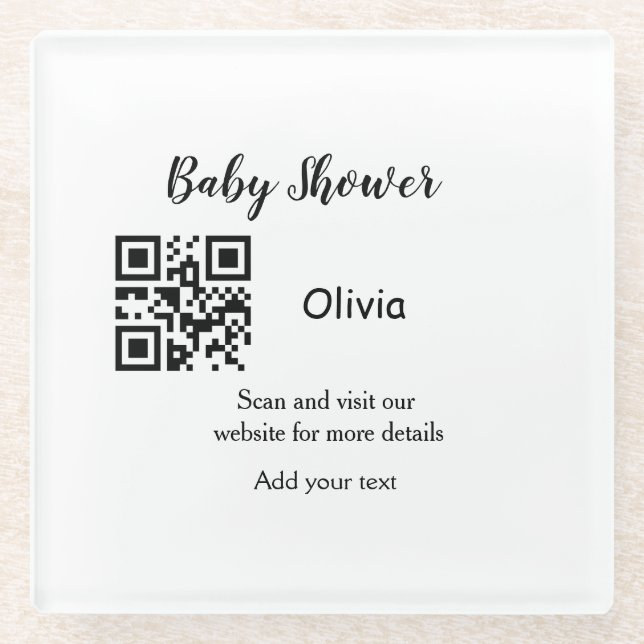 Simple baby shower website barcode QR add name det Glass Coaster (Front)