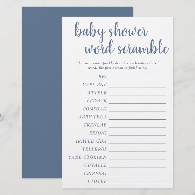 Simple Baby Word Scramble | Dusty Blue Game Card (Front/Back)