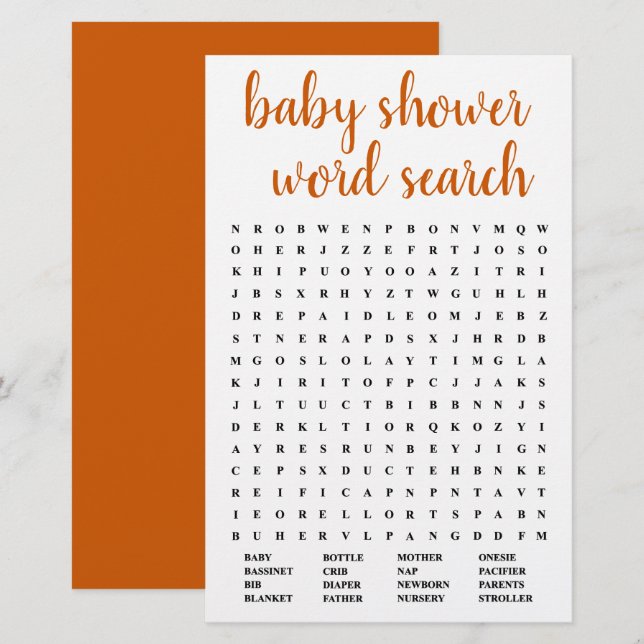 Simple Baby Word Search | Fall Orange Game Card (Front/Back)