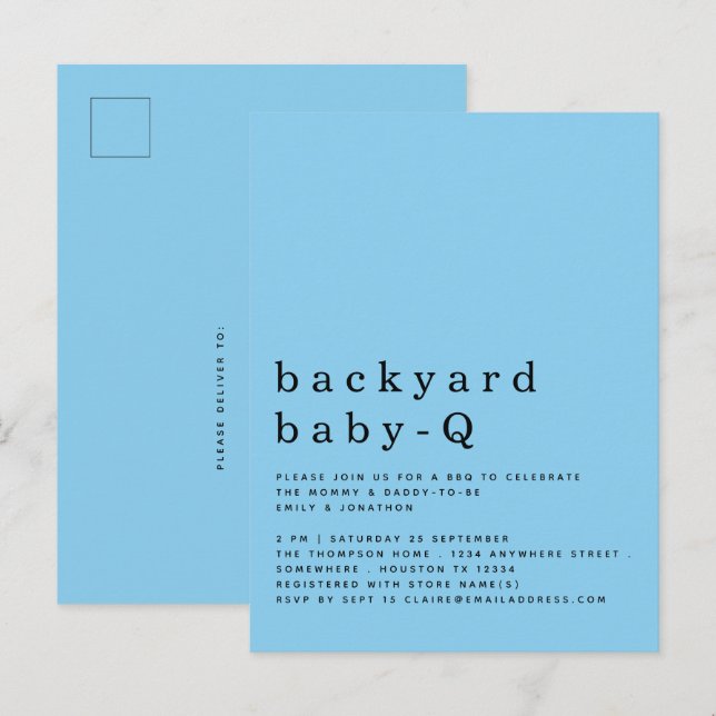 Simple Backyard Baby Q BBQ Shower Blue Invitation Postcard (Front/Back)