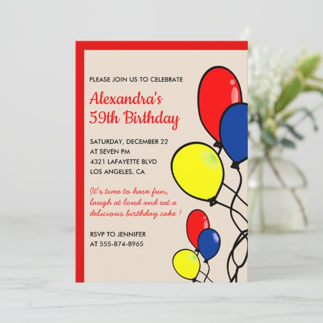 Simple Balloons 59th birthday invitations  (Standing Front)
