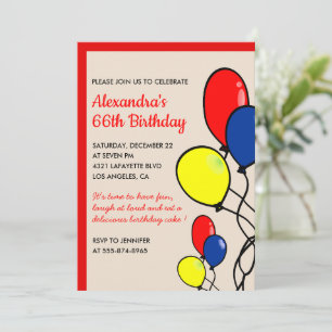 Simple Balloons 66th birthday invitations 
