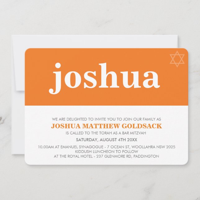 SIMPLE BAR MITZVAH cool modern name star orange Invitation (Front)