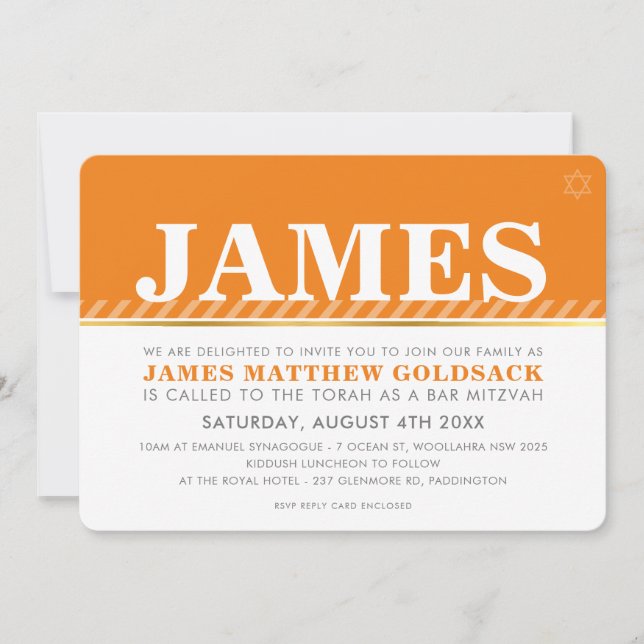 SIMPLE BAR MITZVAH modern jewish star orange Invitation (Front)