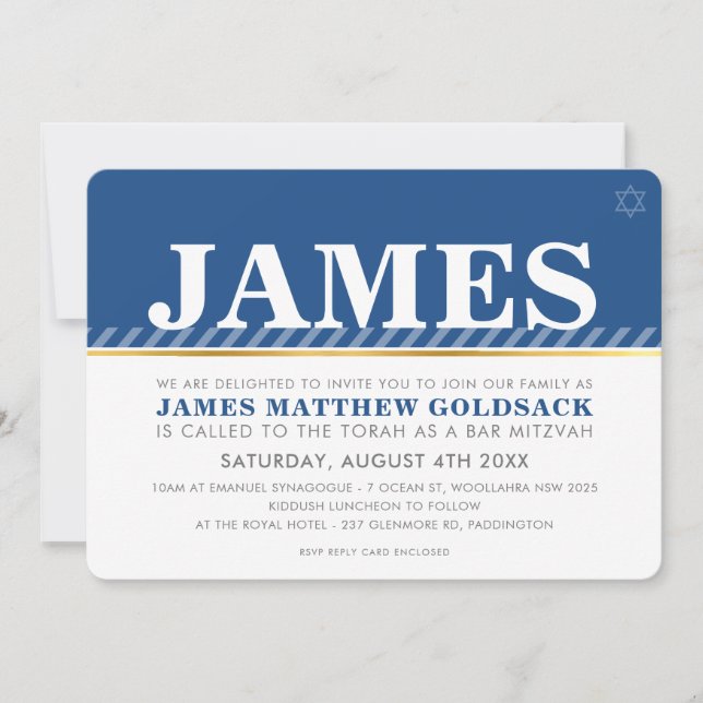 SIMPLE BAR MITZVAH modern jewish star royal blue Invitation (Front)