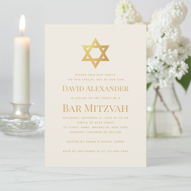 Simple Bar or Bat Mitzvah Gold Star of David Ivory Invitation (Creator Uploaded)