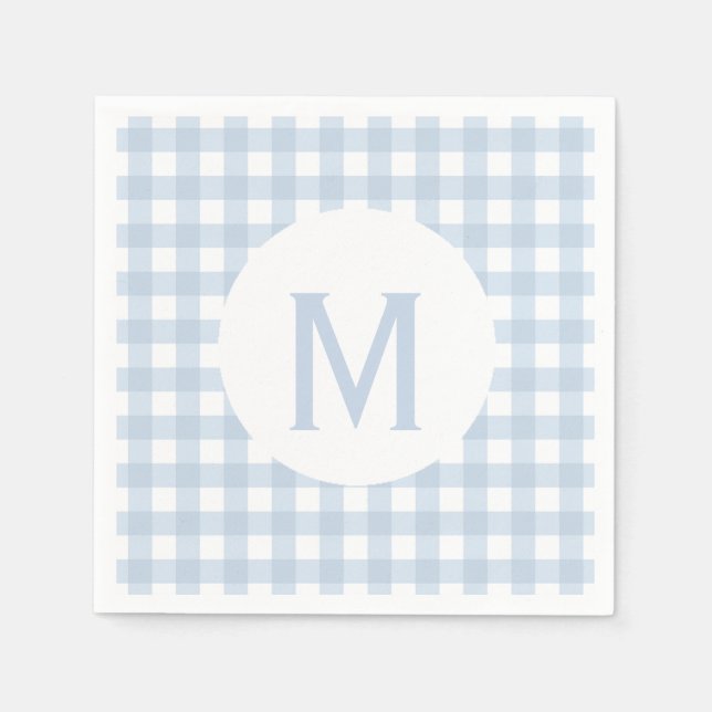 Simple Basic Faded Denim Blue Gingham Monogram Napkin (Front)
