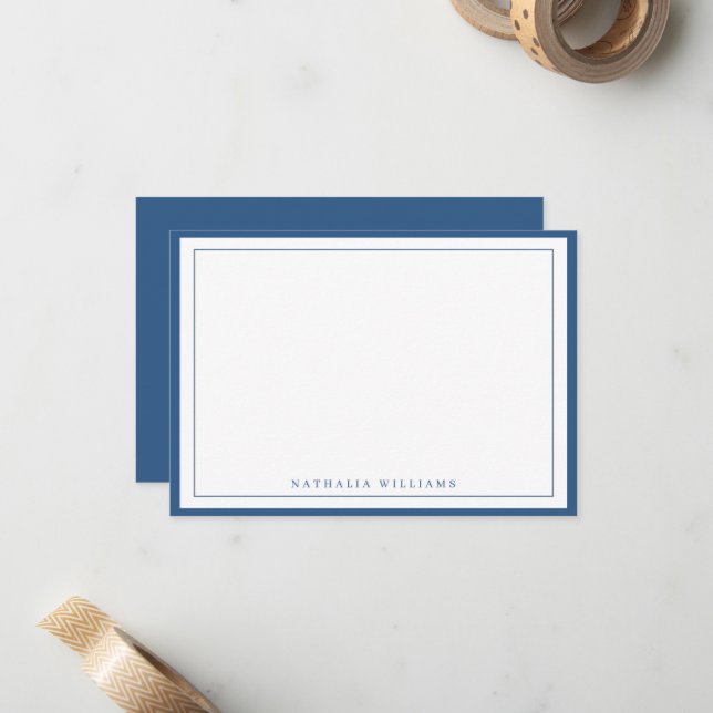 Simple Basic Navy Blue Border Stationery Card (Front/Back In Situ)
