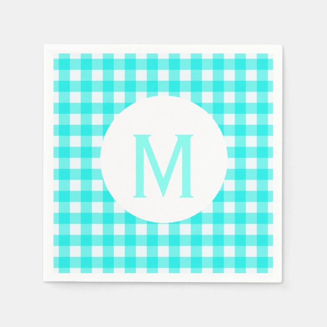 Simple Basic Turquoise Gingham Monogram Napkin (Front)
