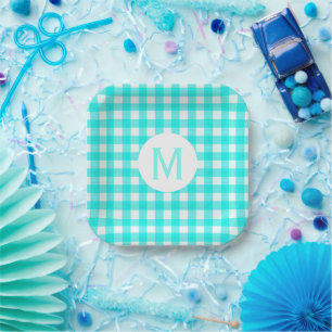 Simple Basic Turquoise Gingham Monogram Paper Plate