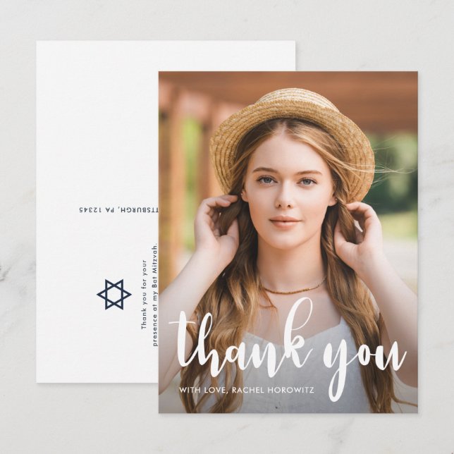 Simple Bat Mitzvah Thank You Star of David Photo Postcard (Front/Back)