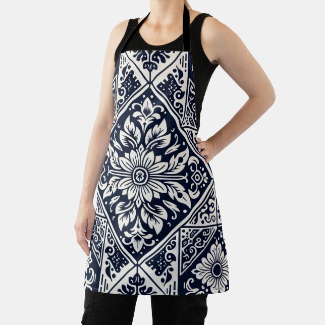 Simple Batik Blue and White Tiles Pattern Design Apron (Insitu)