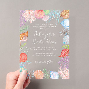 Simple Beach Blue Ocean Seashell Wedding Acrylic Invitations