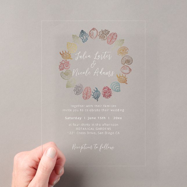 Simple Beach Blue Ocean Seashell Wedding Acrylic Invitations (Insitu (Handheld))