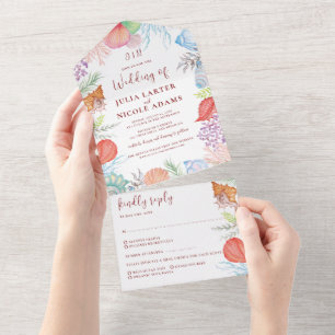 Simple Beach Ocean Seashell Wreath Wedding All In One Invitation