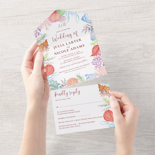 Simple Beach Ocean Seashell Wreath Wedding All In One Invitation (Tearaway)