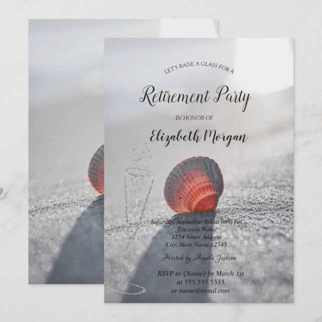 Simple Beach Seashell Wine Glass Retirement  Invitation (Front/Back)