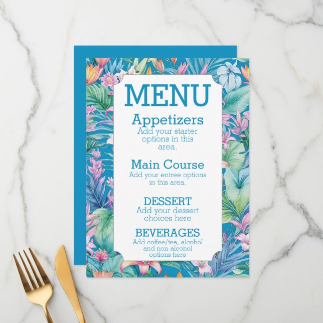 Simple Beach Wedding Menu Fleurs tropicales (Devant/Arrière en situation)