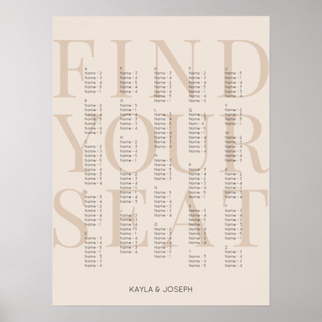 Simple Beige Alphabetical Seating Chart Sign (Front)