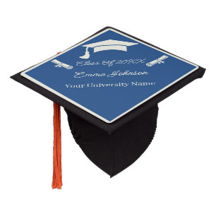 Simple Beige And Blue Personalized Graduation Cap Topper