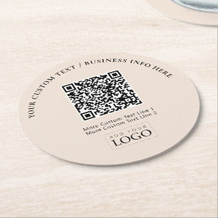 Simple Beige Business Logo QR Code Promotional Round Paper Coaster