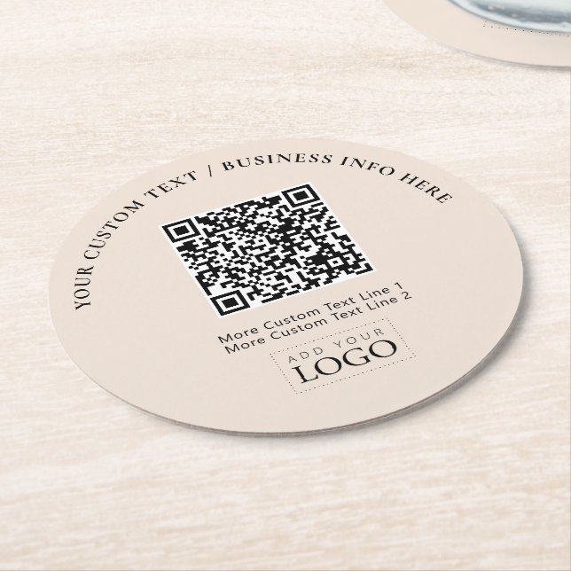 Simple Beige Business Logo QR Code Promotional Round Paper Coaster (Angled)