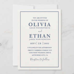 Simple Beige Dusty Blue Minimalist Border Wedding  Invitation