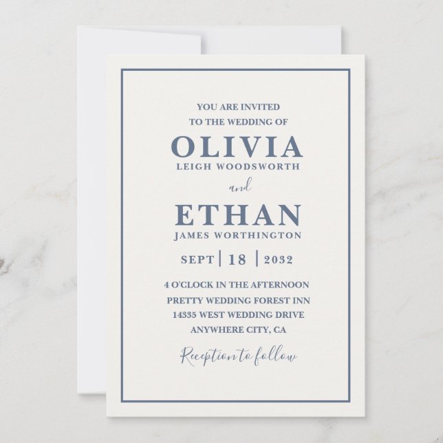 Simple Beige Dusty Blue Minimalist Border Wedding  Invitation (Front)