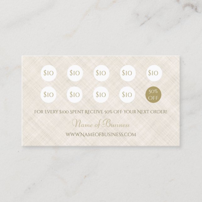 Simple Beige Linen Elegant Gold Script Loyalty Card (Front)