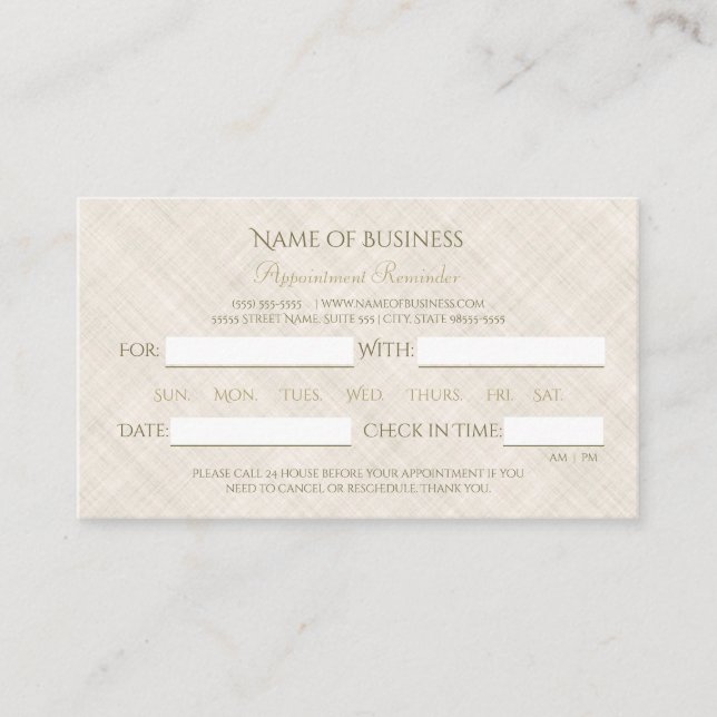 Simple Beige Linen Elegant Script Appointment Card (Front)
