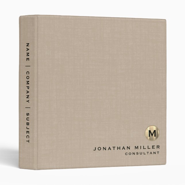 Simple Beige Linen Gold Monogram Binder (Front/Spine)
