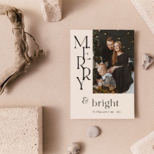 Simple Beige Merry Typography Wildflower Christmas Holiday Card