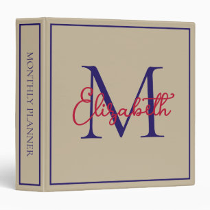Simple Beige Navy Blue and Red Monogram Binder