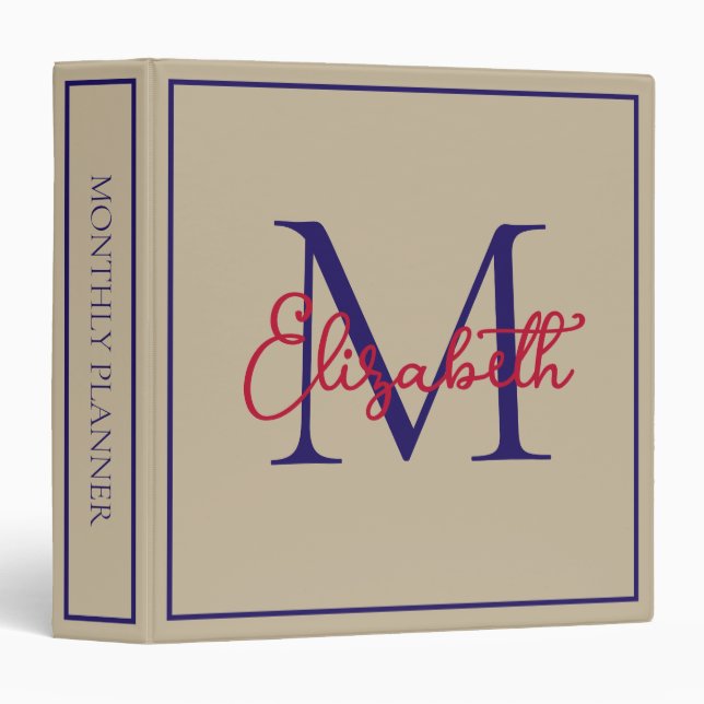 Simple Beige Navy Blue and Red Monogram Binder (Front/Spine)