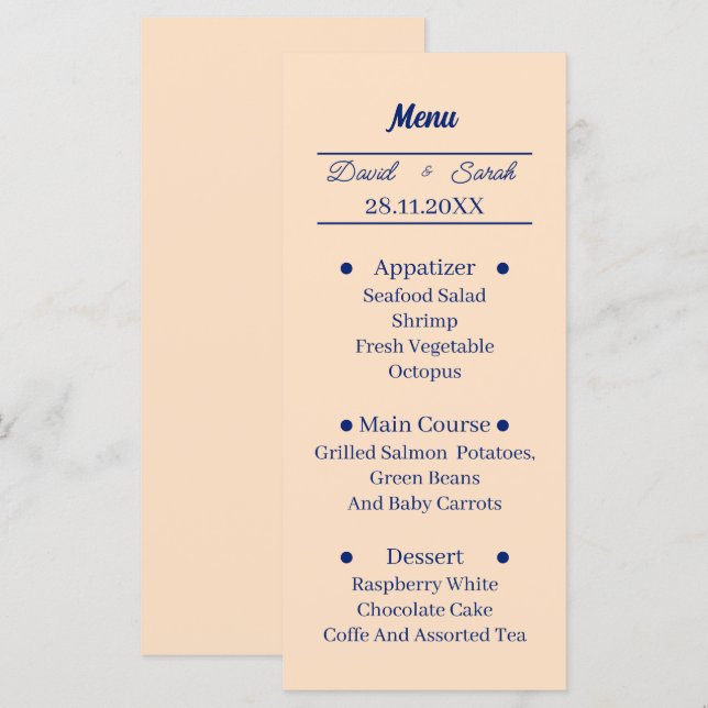 Simple Beige Personalized Wedding Dinner Menu (Front/Back)