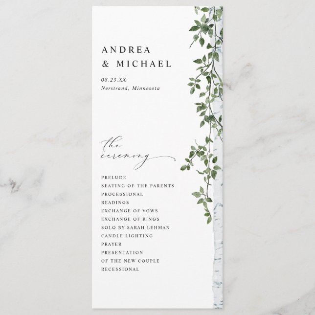 Simple Birch Tree Greenery Foliage Wedding Program (Front)