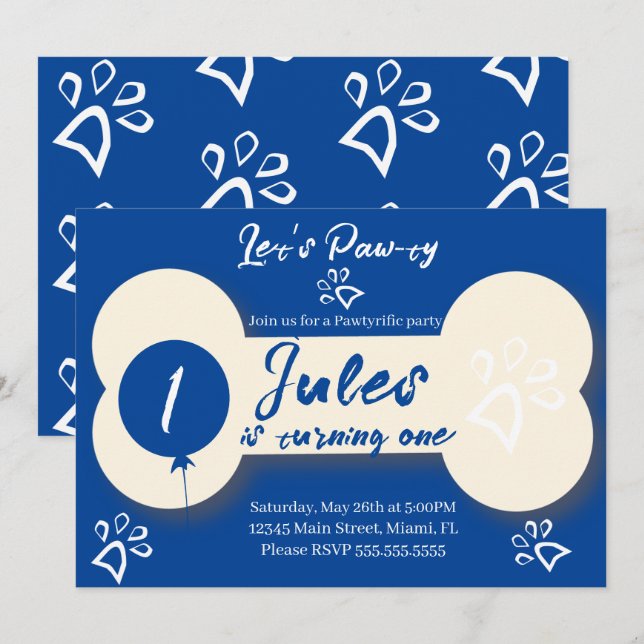 Simple Birthday Dog Bone Paw-ty Party Blue  Invitation (Front/Back)