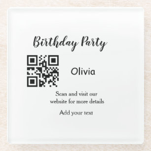 Simple birthday party website barcode QR add name Glass Coaster